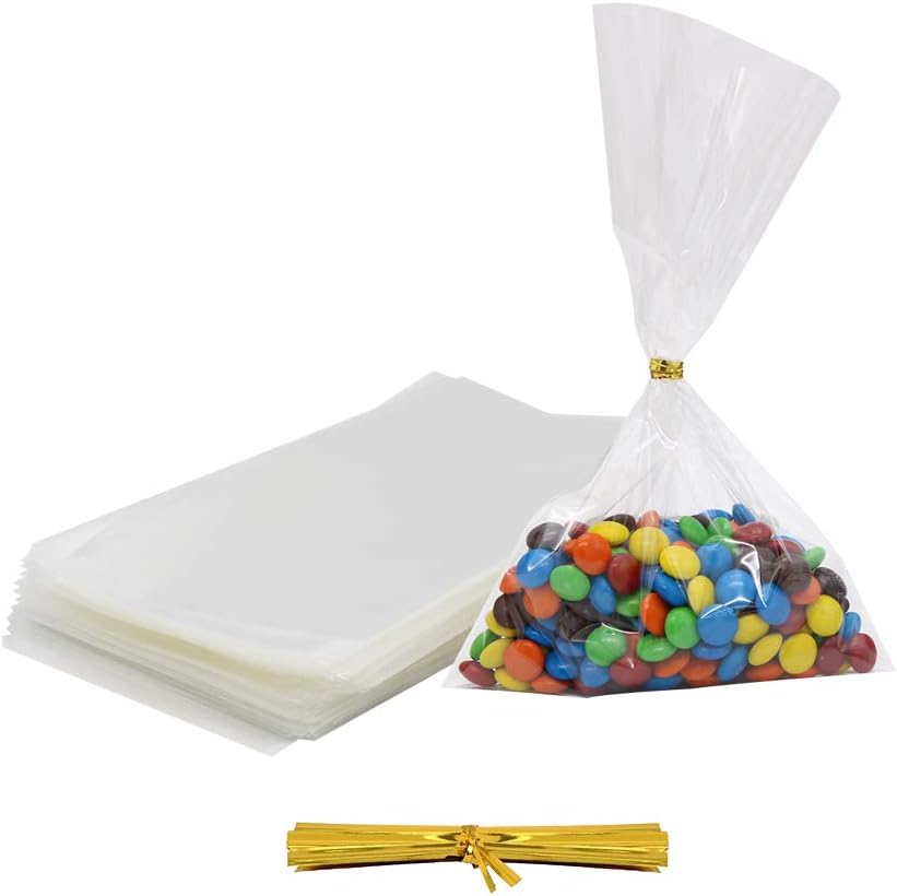 300 Pack Clear Cellophane Treat Bags with 380pcs Gold Ties, 15 x 25 cm