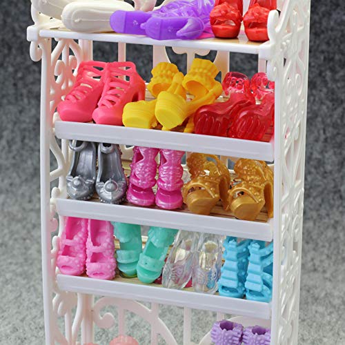 DoubleWood 1 Doll Shoes Rack + 20 Pairs Doll Shoes Replacement Playset Accessories Different Assorted Colors High Heel Boots Sandals Doll Shoes Set for 11.5 Inch Girl Doll