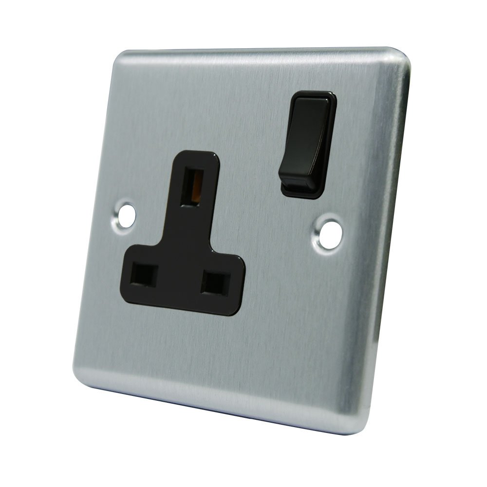 AET CSC1GSOCBL 13 A 1-Gang Satin Finish Chrome Classical Single Plug Socket with Black Insert Plastic Rocker Switch