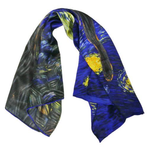 Wrapables Luxurious 100% Charmeuse Silk Square Scarf with Hand Rolled Edges, Van Gogh's Starry Night