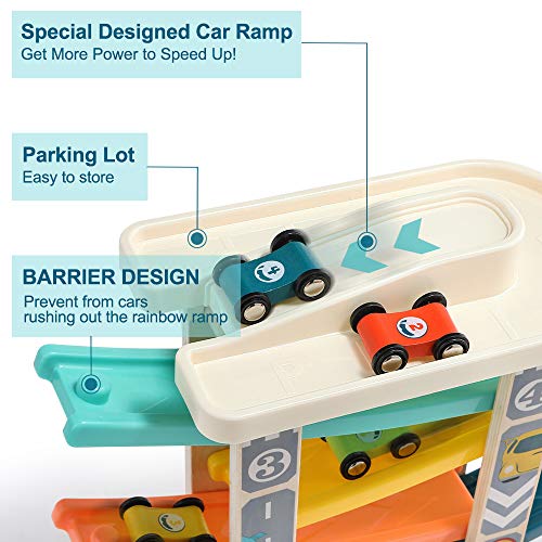 TOP Bright Toddler Wooden Race Track Car Ramp Toys for 1 2 Year Old Baby Motor Skills Race Tracks Car Ramp Vehicle Playsets with 4 Mini Cars and 1 Car Garage