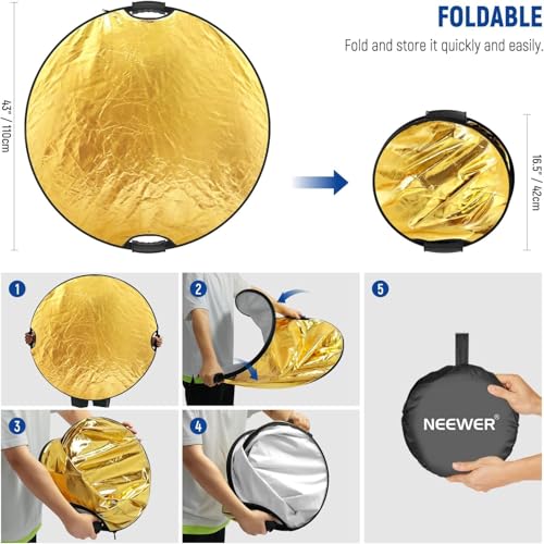 NEEWER 43"/110cm Light Reflector with Clamp & Hand Grips, 5 In 1 Collapsible Multi Disc Photography Reflector Translucent/Silver/Gold/White/Black with 3/8" Thread for Studio Outdoor Lighting, RF-110II
