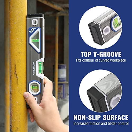 WORKPRO 10 Inch Torpedo Level, Small Leveler Tool, 3 Bubble Vials, Verti. Site, for Conduit Bending, Aluminum Alloy Construction