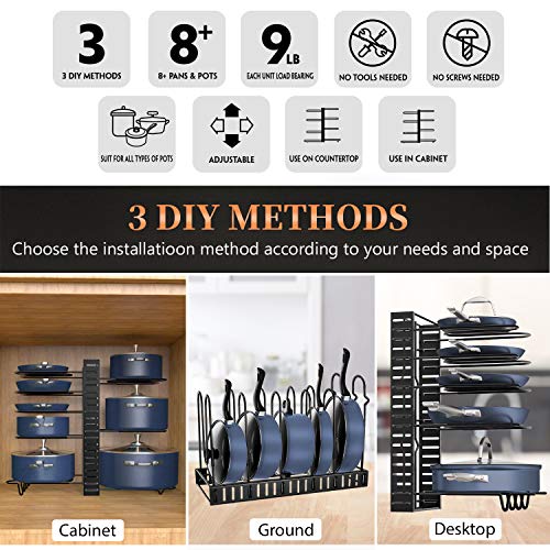 Pot Rack Organizers, G-TING 8+ Pan Rack Pot Lid Holders, Adjustable Heavy duty Pots & Pans Organizer for Kitchen Countertop and Cabinet, Pots and Pans Lid Organizer With 3 DIY Methods(Newest Upgrade)