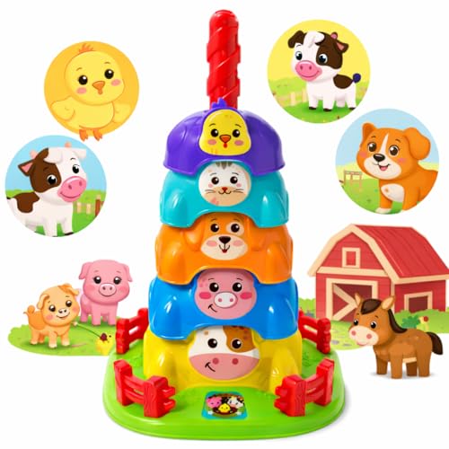 Brinquedos Para bebe Torre Giratória Fazendinha com Animais Brinquedo Educativo de Girar e Empilhar Estimula Coordenação Motora e Percepção Visual Brinquedo para Bebês +12 Meses
