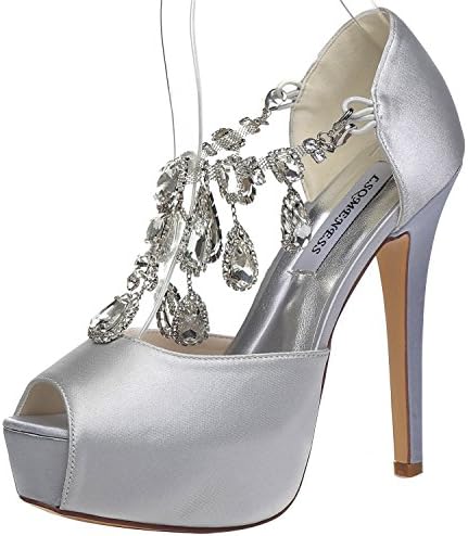 JIAME Womens Peep Toe Stiletto High Heel Platform Pumps T Strap Satin Rhinestones Wedding Bridal Shoes (6BM(US)(Asia 37), Silver)