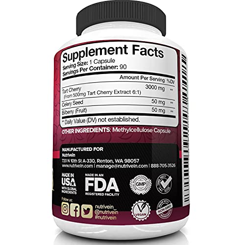 Nutrivein Tart Cherry Capsules 3000mg 90 Vegan Pills for Pain