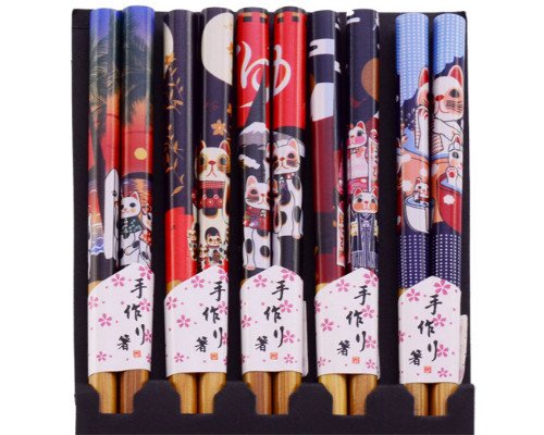 Japanese Chopsticks 5 Pair Set Dining Table Starter Kit Beautiful Gift Item Nicely Packaged (Maneki Neko)