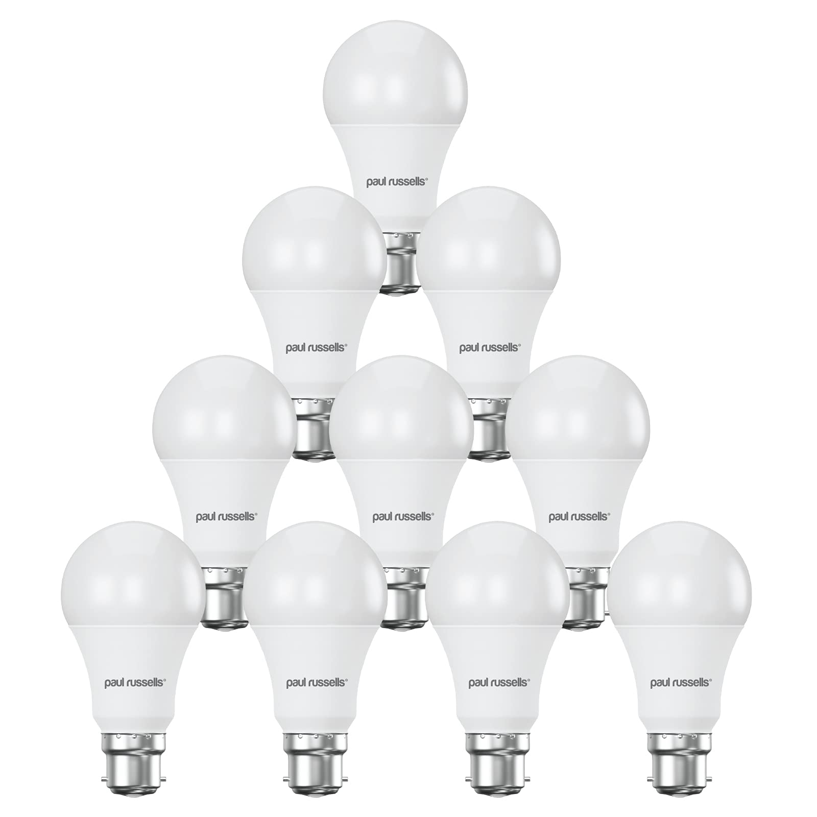 paul russells B22 Bayonet Cap LED Light, 13W = 100W Equivalent Bulb, 1521 Lumens, 6500K Standard BC A60 LED GLS, Bright Energy Saving Non-Dimmable Lightbulbs - Daylight Frosted - Pack of 10