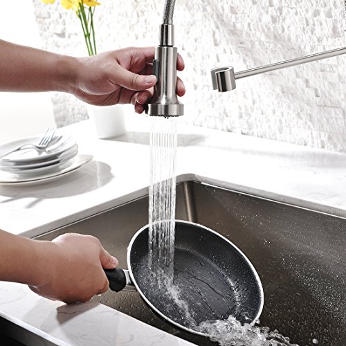 Commercial Pull Down Sprayer Kitchen Sink Faucet - Modern Stainless Steel Single Handle Spring Pull Down Kitchen Faucet with Sprayer,Brushed Nickel - Thumbnail 2