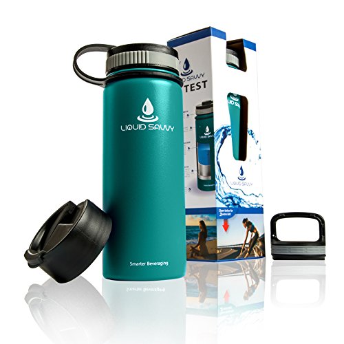 Liquid Savvy 18oz Insulated Water Bottle with 3 lids - Stainless Steel, Wide Mouth Double Walled Vacuum Insulated Bottle for Hot and Cold Beverages (Teal)