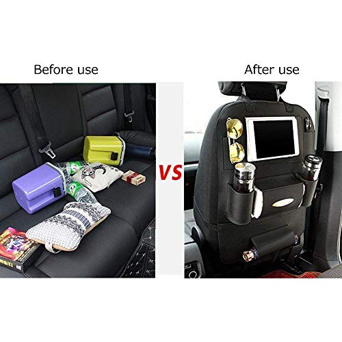 Usee Car Backseat Organiser Storage Holder Pocket Hanging Kick Mat PU Leather for Tablet Smartphone Bottles Tissue Newspaper Magazine Umbrella Toys (Black)