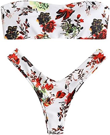 Women Bikini Set Floral Swimwear Push-Up Padded Off Shoulder Swimsuit Beachwear (S, White)