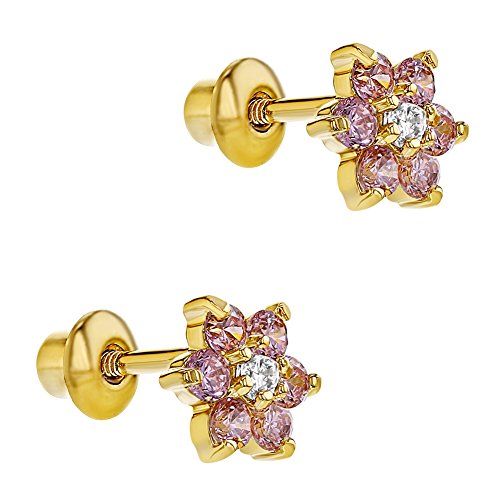 18k Gold Plated Flower Baby Earrings Screw Back Kids Pink Clear 5mm