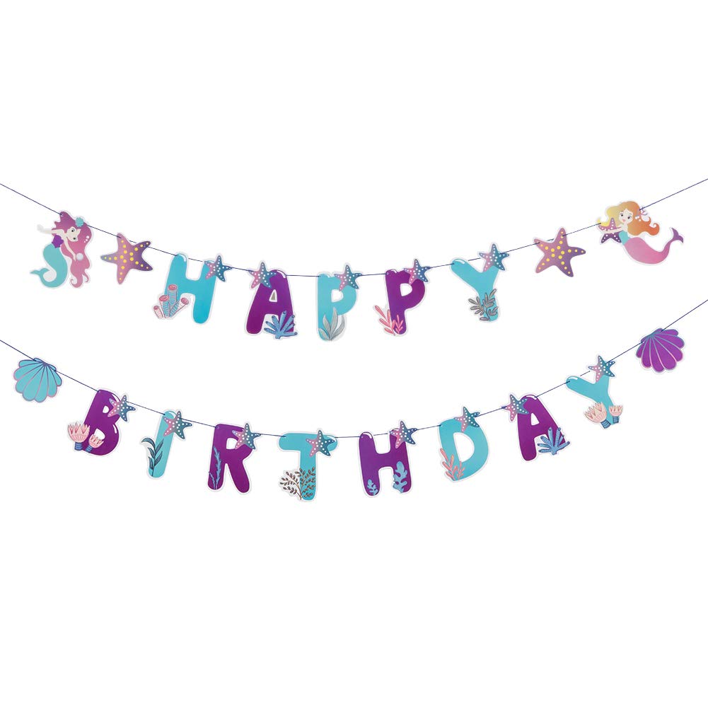 Photo 1 of Happy Birthday Banner-Mermaid Happy Birthday Banner Mermaid Theme Party Decoration Supplies For Kids Girls Under the Sea Party