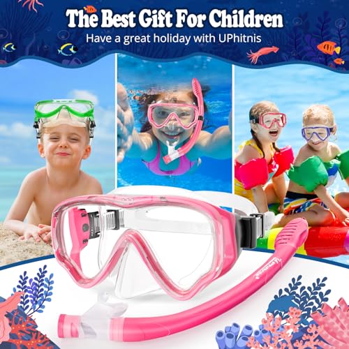 UPhitnis Children's Snorkel Set - Diving Goggles Anti-Fog and Dry Snorkel - Anti-Leak Diving Mask Dry Snorkel - Snorkelling Set for Boys Girls - Pink, Blue, Black, Yellow