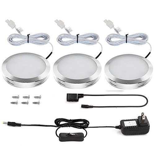 Ustellar LED Under Cabinet Lighting Kit, 510lm Puck Lights, Under counter lights, 6000K Daylight White,DC 12V, Kitchen Lighting, LED Closet Lights, All Accessories Included, Set of 3, Total of 6W