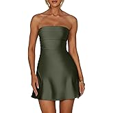XXTAXN Women's Sexy Tube Strapless Ruched A Line Wedding Guest Cocktail Satin Mini Dress