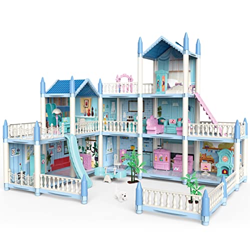 deAO Dollhouse Villa for Girls, 3-Story Dream Dollhouse with Furniture and Slides, Stairs, Fences, Dog Doll, Princess Castle Playset, Gift for 6+ Year Old Girls (Blue)