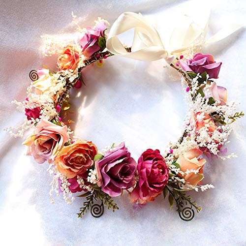 Adjustable Flower Headband Hair Wreath Floral Garland Crown Headpiece with Ribbon for Wedding Ceremony Party Festival