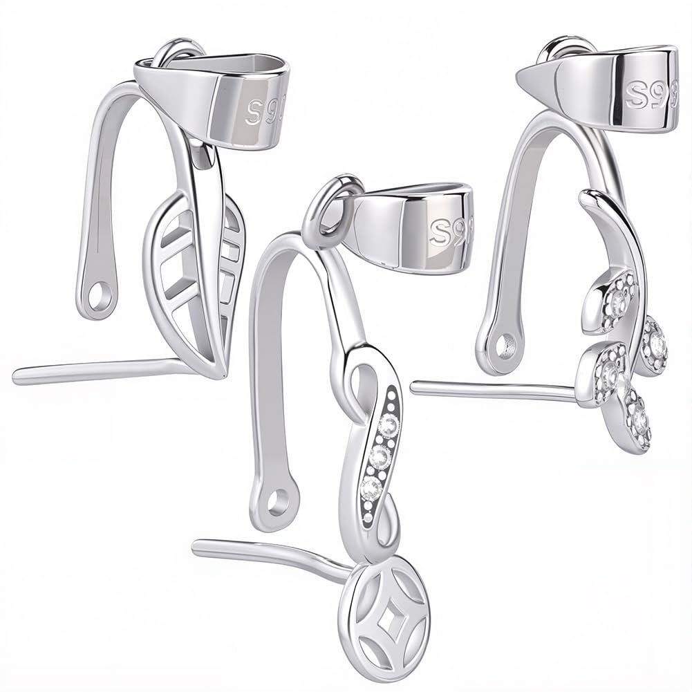 SUNNYCLUE 1 BOX 3PCS 925 Sterling Silver Pendant Clasp Pinch Bail Metal Leaf Shaped Snap On Bails Hooks Connectors Charms Clips Pendants Clasps for jewellery Making Supplies Bracelet Necklace Diy