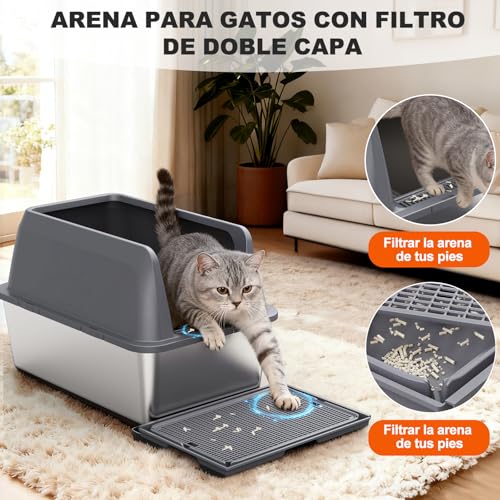 ROWIDE Arenero para Gato de Acero Inoxidable XL, Bordes Altos Antifugas con 5 Accesorios: Pala, Alfombrilla, Pegatinas, Cepillo y Bolsas. FáCil de Limpiar, No Se Pega, Apto para Gatos Grandes