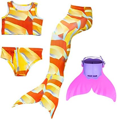 Hongwen Four Pcs Girls Sparkle Mermaid Tail with Mono Fin Swimmable Swimwear