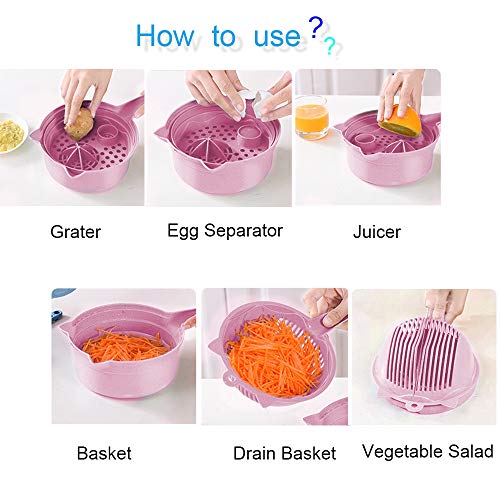 Allinone Vegetable Slicer Vegi Grater 11 in 1 Multi-function Easy Food Cutter Professional Cheese Chopper with Salad Cutter Bowl, Pink - Thumbnail 3