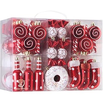 Sea Team 80-Pack Assorted Shatterproof Christmas Ball Ornaments Set Decorative Baubles Pendants with Reusable Hand-held Gift Package for Xmas Tree (Red)