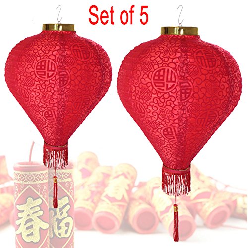 14" (Set of 5) Red Good Fortune (Fu) Oriental Chinese Japanese Paper Nylon Lantern Festival Decoration For Wedding, New Year, Chinese Spring Festival, Celebration Party Decor ~ We Pay Your Sales Tax