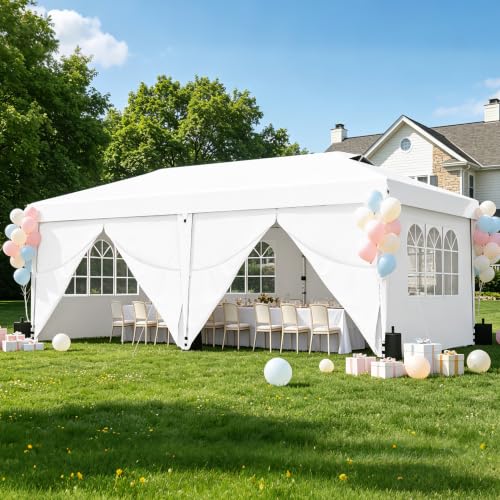 Real Relax 10x20ft Pop Up Portable Canopy Tent with 300D Silver-Coated Top, 6 Sidewalls, UV-Protective, Waterproof, Windproof, Easy Setup with 2 Central Locks for Camping, Wedding, White