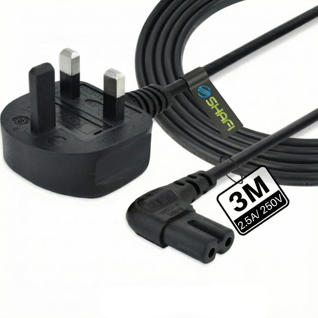 SHAFI® Figure 8 Power Lead 3M - 2-Pin 90 Degree Angle IEC C7 Universal UK Plug - Compatible with PS5, Xbox Series X, Smart LED TV, Samsung, LG, Sony