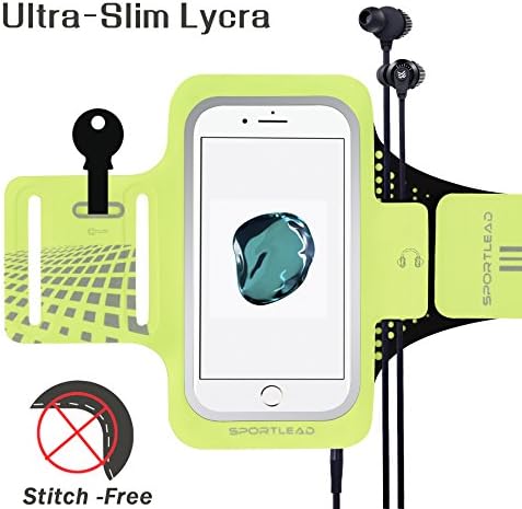 SPORTLEAD Armband for iPhone 7 8 6 6s Samsung Galaxy S5/6/7 Google Pixel 2, Premium Ultra Slim Lycra Adjustable Running Arm Band Fingerprint Touch with Card Slot/Earphone Holder/Key Locker/Stitch Free