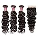 Nadula Brazilian Virgin Hair With Closure Natural Wave Hair Bundles With 4×4 Free Part Lace Closure 8A Brazilian Natural Wave Weave Cheap Remy Human Hair Entension Natural Color (16 18 20+14 Closure)