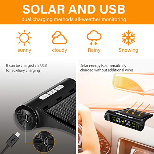 Zmoon TPMS Car Tire Pressure Monitoring System Solar Power Universal Wireless LCD Display with 4 External Sensors Real-time Display 4 Tires' Pressure & Temperature