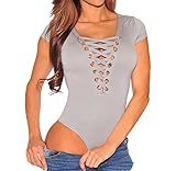 Shawhuwa Womens Sexy Lace Up Cap Sleeves Bodysuit Clubwear Tops M Grey