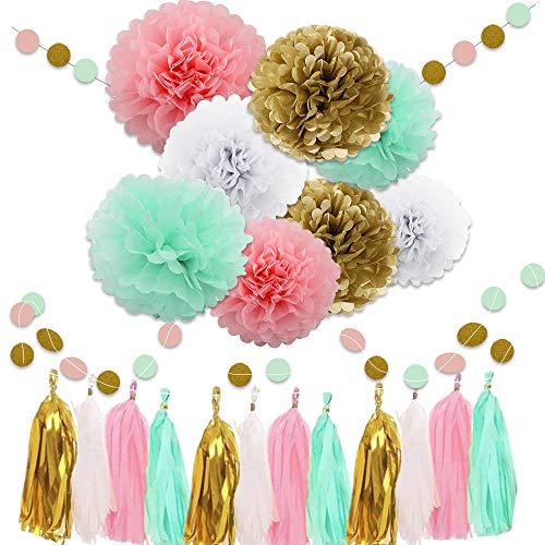 WAYSLE 30pcs Wedding Hanging Decorations,Pink Mint White Gold Bridal Shower Decorations Tissue Paper Pom Pom Tassel Garland Mint Pink Party Decorations for Mermaid Birthday Baby Shower Graduation