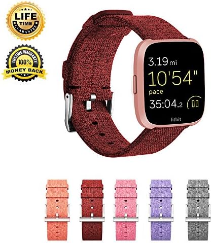 Bands Compatible Fitbit Versa,Replacement Woven Canvas Fabric Wrist Strap Quick Release Watch Band Accessories Classic Square Stainless Steel Buckle Fitness Smart Watch Women Men (Claret)