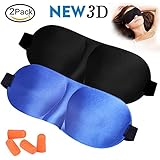 Sleep Mask Silk 3D Contoured Eye Masks for Sleeping Travel Nap Meditation Shift Work, Night Blindfold Eyeshade for Men Women Kids, Ear Plugs Included, Super Comfortable (2 Pack) (Black+Blue)