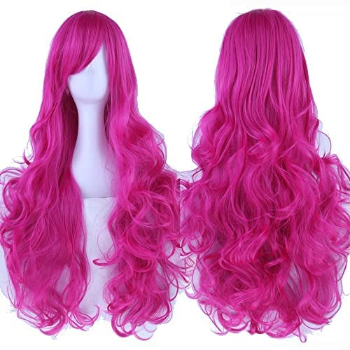 IMISSU 80cm Long Curly Natural Hair Cosplay Wig with Bangs Colorful Halloween Costume Party Wigs for Women (Rose)