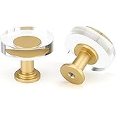 LONTAN 10 Pack Glass Cabinet Knobs Gold Drawer Knobs Round Crystal Cabinet Handles Clear White Hardware for Dresser Bathroom, Aluminum Alloy Base