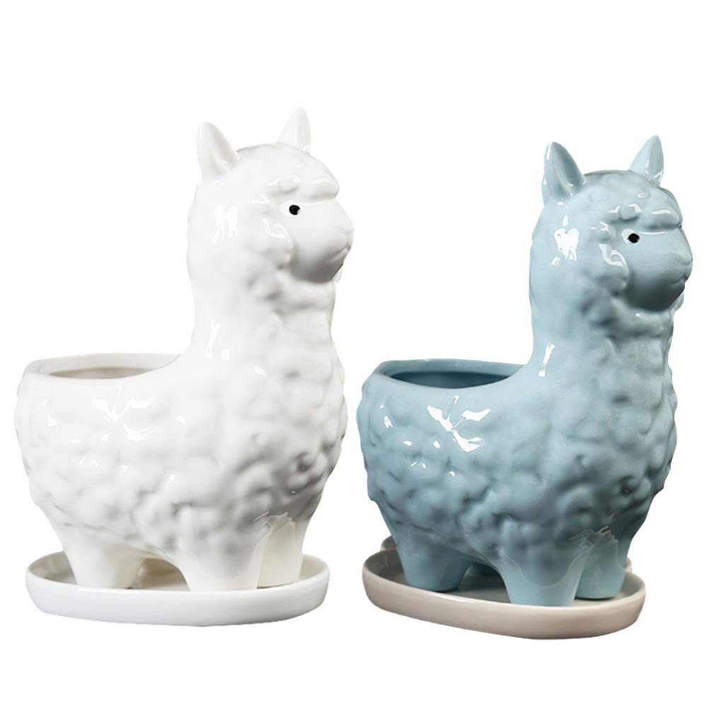 Cabilock 2pcs Ceramic Planter Succulent Pot Gardening Animal Alpaca Bonsai Holder Flowerpot Plant Pots Ceramic Porcelain Planter Container 12X15CM