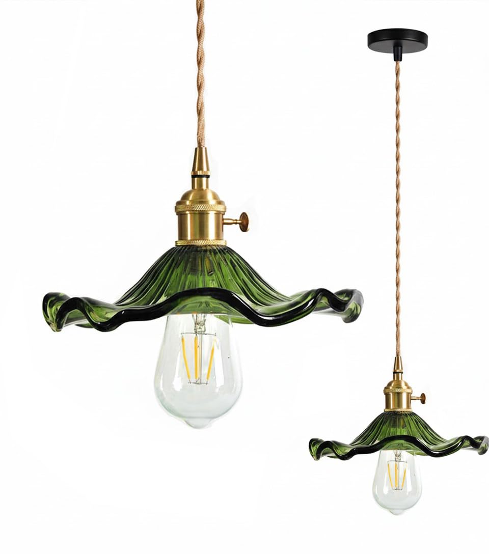 Industrial Vintage Glass Pendant Lamp E27 Base Brass Finish Lamp Holder Retro Ceiling Hanging Light Fit for Loft Living Room Kitchen Coffee Shop (Green)