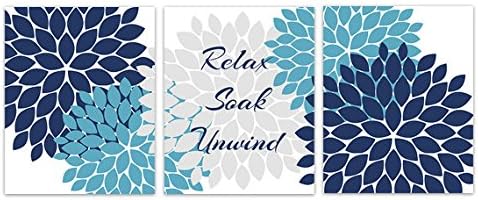 UNFRAMED PRINTS (CHOOSE YOUR SIZES) - Bathroom Wall Art - "Relax Soak Unwind" Navy Blue and Gray Flower Burst - BATH141