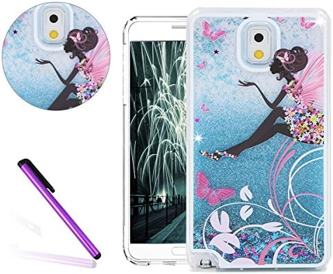 [Waving Wing Girl]Galaxy NOTE 3 Case, EMAXELER 3D Creative Design Painted Angel Girl Surface Inner Flowing Floating Bling Shiny Liquid PC Hard Case for Samsung Galaxy NOTE 3+Stylus Pen-Blue Liquid