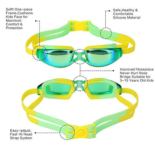 Hurdilen Kids Swim Goggles, Swim Goggles for Kids Swimming Goggles with Anti-Fog UV Protection No Leaking Coated Lens with Case,Nose Clip,Earplugs for Boys Girls Youth Kids (Light Green)
