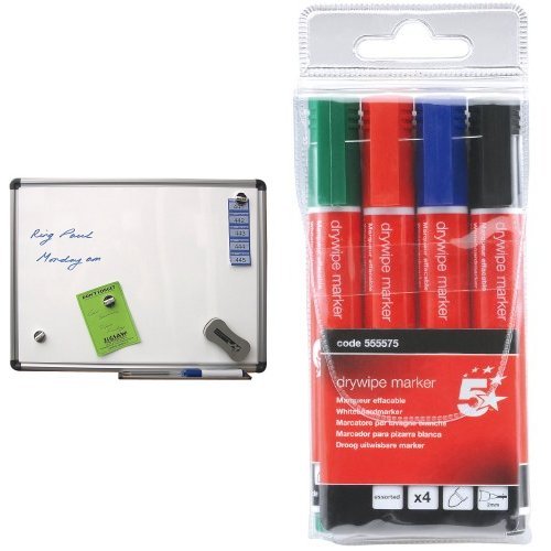 Magnetic drywipe board (30x45cm) with 5 Star Drywipe Marker [Pack of 4]