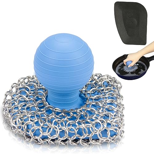 Cast Iron Scrubber with Pan Scraper, 316 Chainmail Scrubber, Upgraded Chain Mail Scrubber Sponge, Cast Iron Cleaner for Grill Pan Skillet Wok Carbon Steel, Dutch Oven Metal Brush Cleaning Kit, Blue