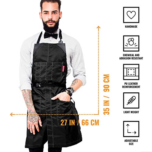 No-Tie Barber Black Apron – Coated Heavy-Duty Nylon, Water and Chemical Resistant, Zipped Pockets, Split-Leg – Adjustable for Men, Women – Pro Hair Stylist, Colorist, Artist, Bartender - Thumbnail 3