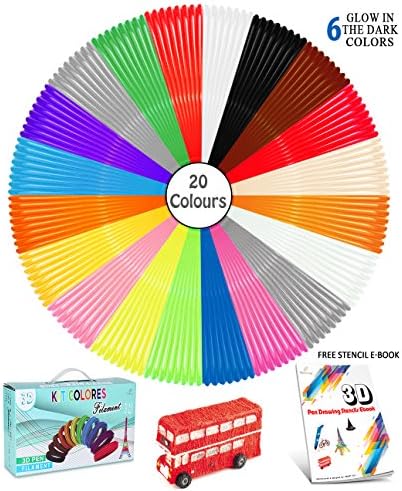 Rocket Eco PLA Filament Refills, 3D pen refills, Printer Filament PLA 1.75 mm (20 Beautiful Colors, 6 Glow in The Dark), 16 Feet each Colour, Total 320 Feet, Free Stencil eBook